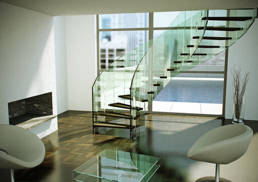 Fly – Curved glass staircase with an open, sculptural effect