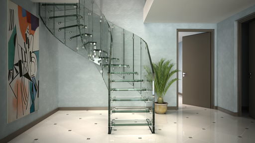 New Fly mini – Curved glass staircase with an open, sculptural effect
